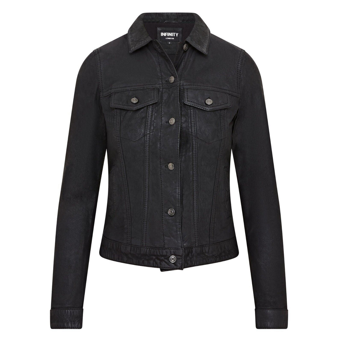 Womens Black Leather Trucker Jeans Jacket- Watton