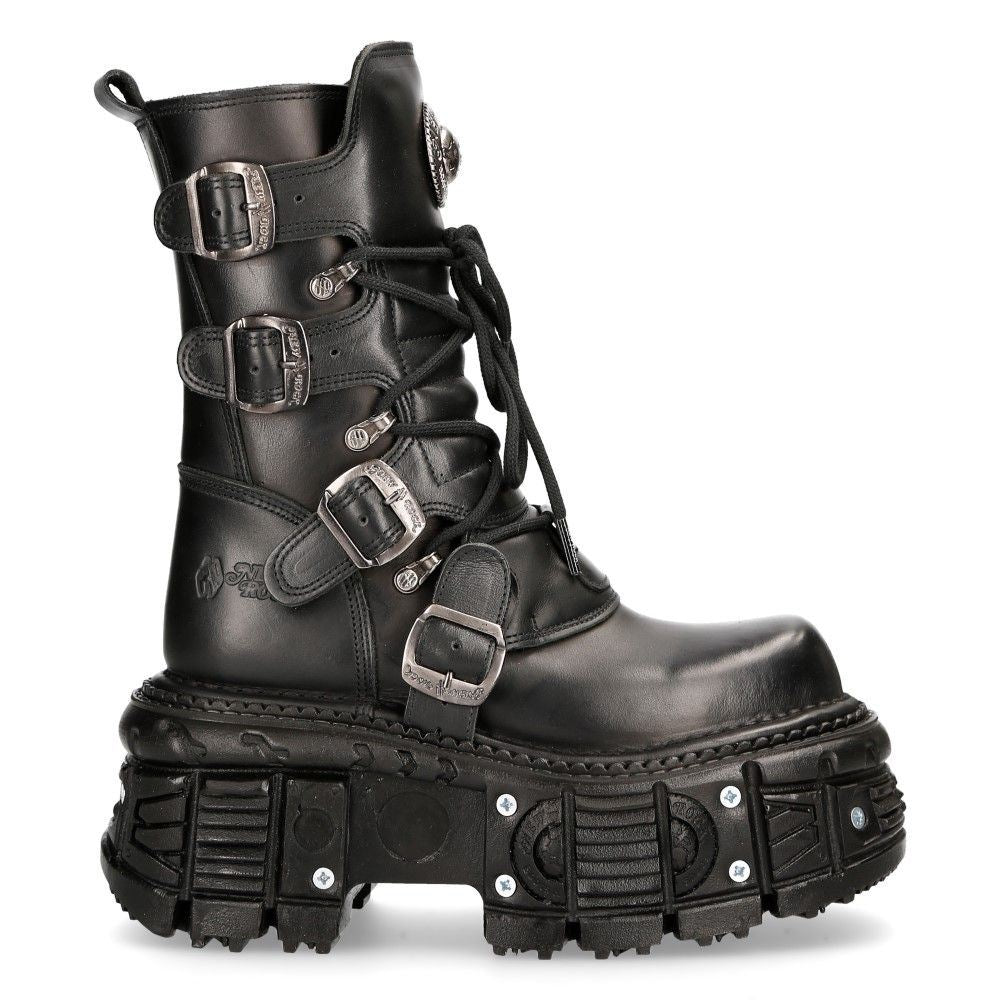 New Rock Unisex Black Leather Combat Platform Boots - TANK373-S1