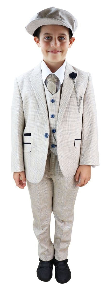 Boys 3 Piece Cream Herringbone Tweed Check Classic Suit - Upperclass Fashions 
