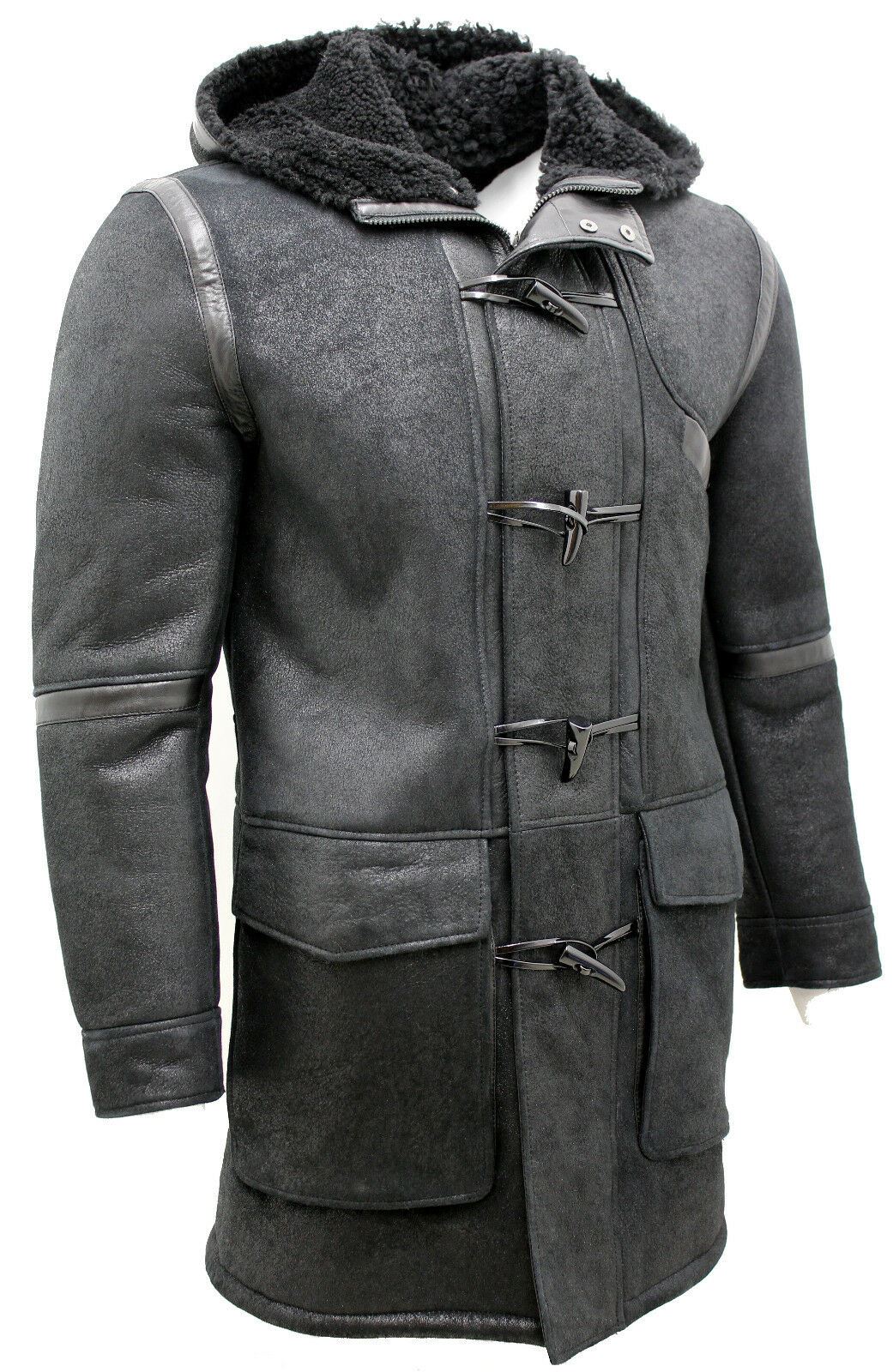 Mens Sheepskin Leather Hooded Duffle Coat-Langport