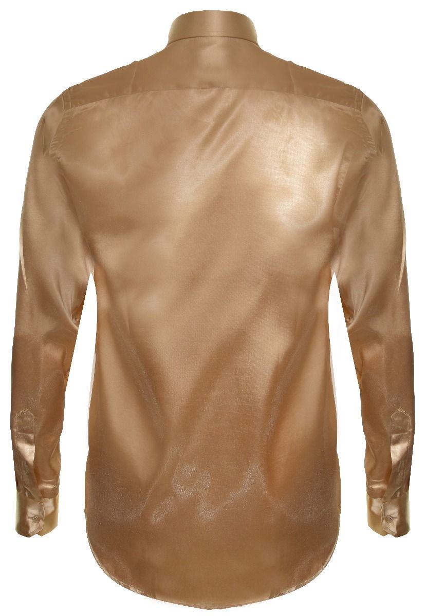 Mens Gold Satin Silk Shirt Smart Casual Button Down Cuff Tailored Fit