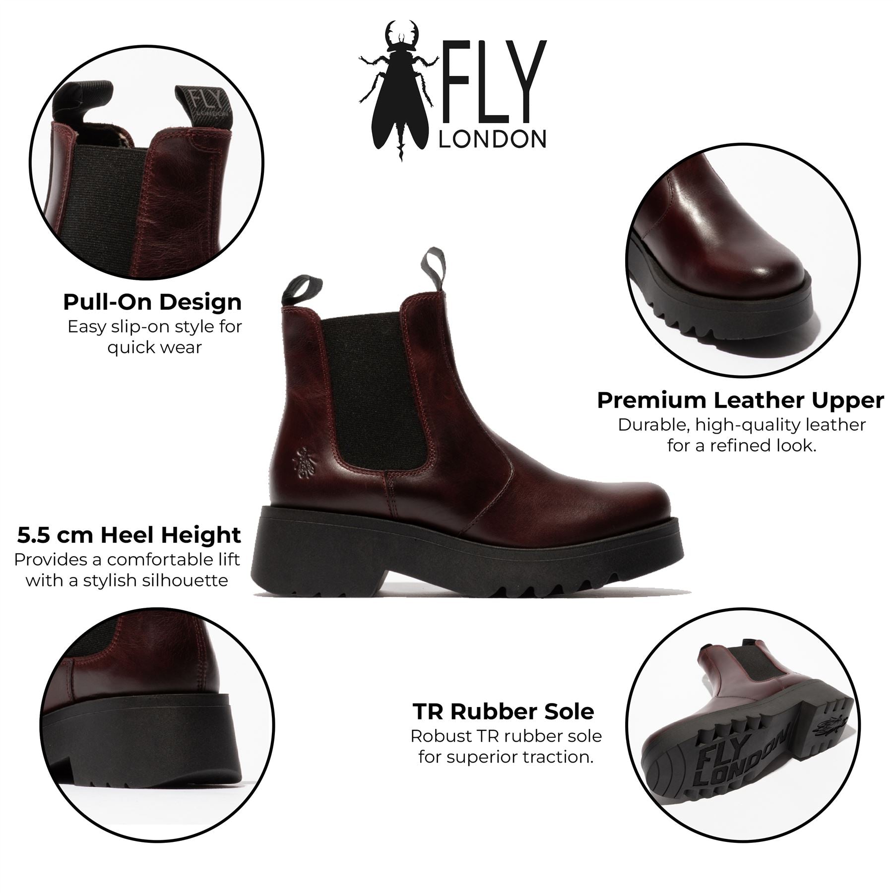 Fly London Womens Wine MEDI789 Wedged Chelsea Ankle Leather Platform Boots