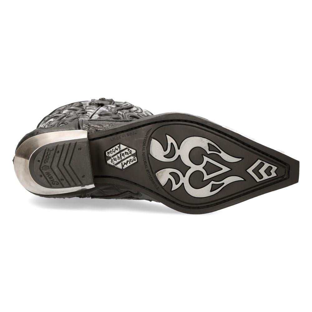 New Rock Flame Accented Black Leather Biker Cowboy Boots- M-7921-S1