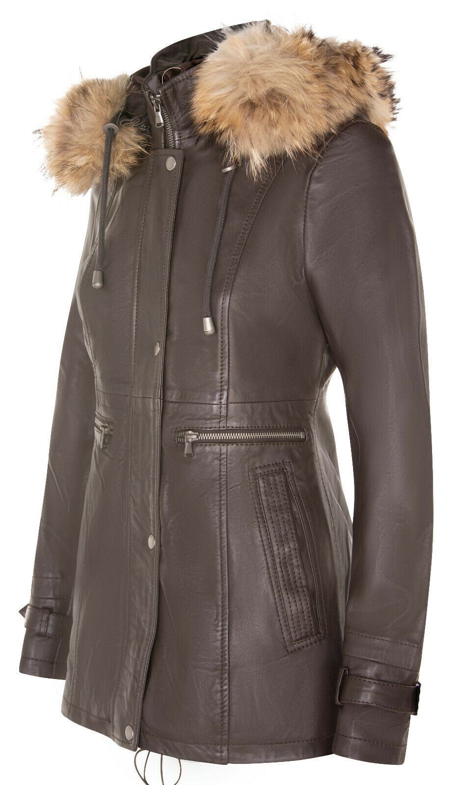 Womens Warm Leather Hooded Parka Jacket-Northwich