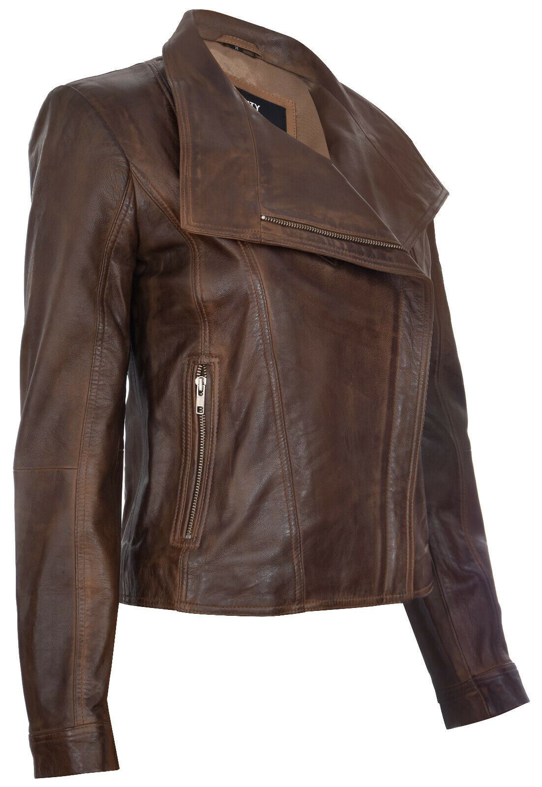 Womens Classic Leather Shawl Wrap Biker Jacket - Morpeth