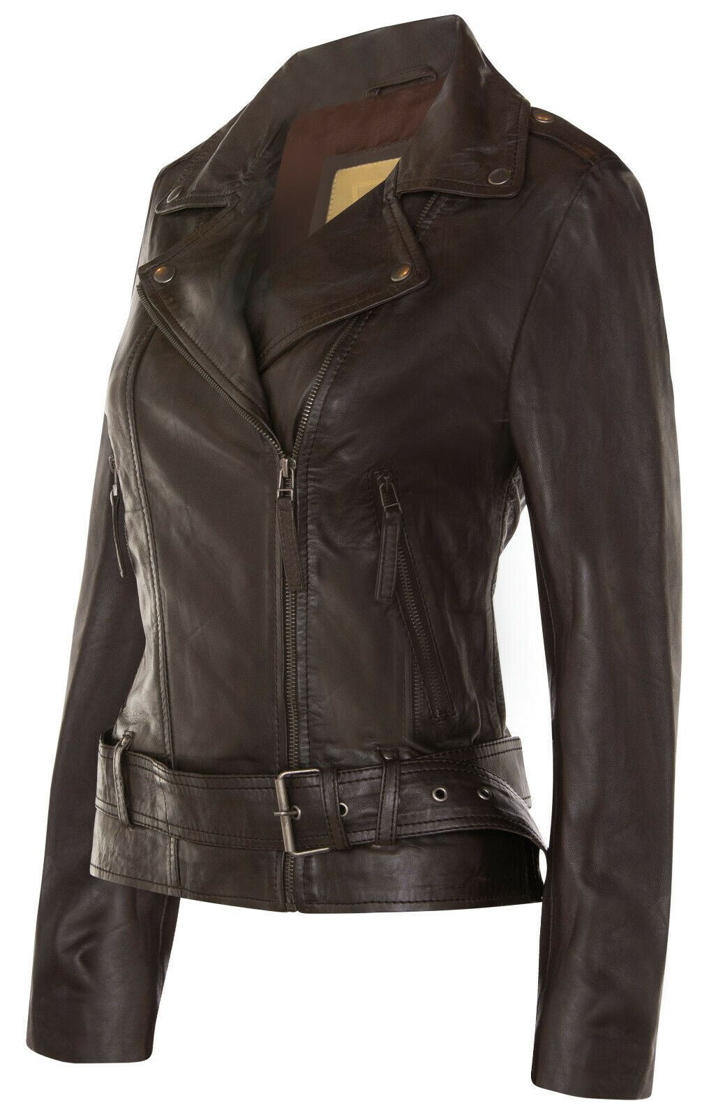 Womens Vintage Leather Biker Jacket-Malton - Upperclass Fashions