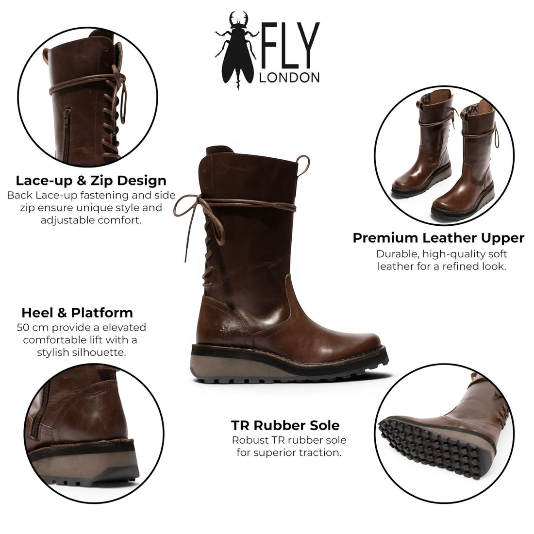 Fly London Womenβs Brown Leather Mid-Calf Long Boots - HEIG229