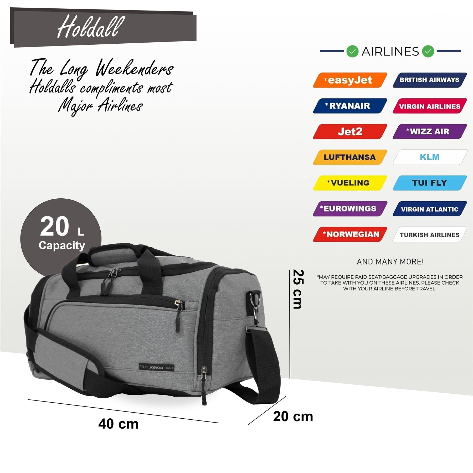 Holdall Carry On 40x 20 x25cm Under-seat Travel Duffel Bag for Ryanair, Easy Jet Grey