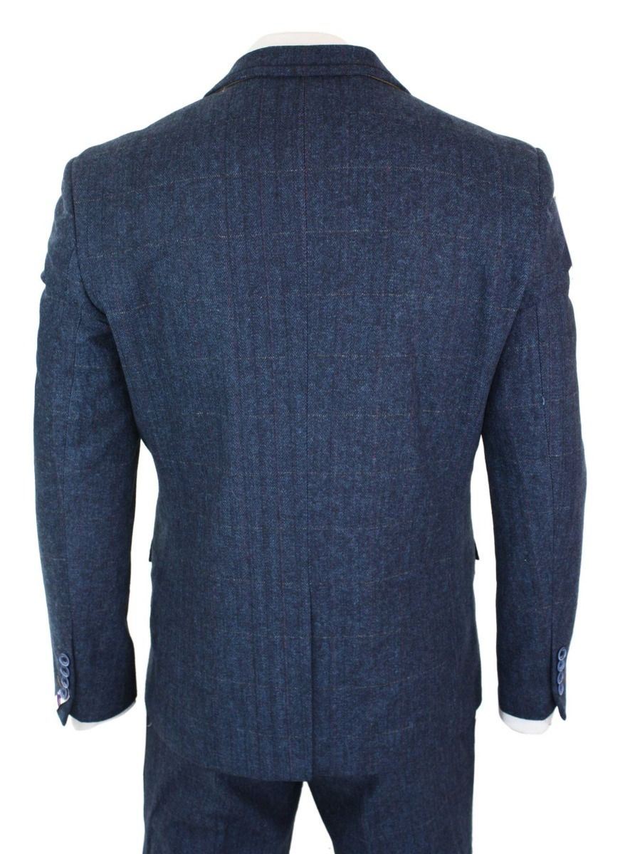 Mens 3 Piece Navy Blue Tweed Herringbone Vintage Classic Suit