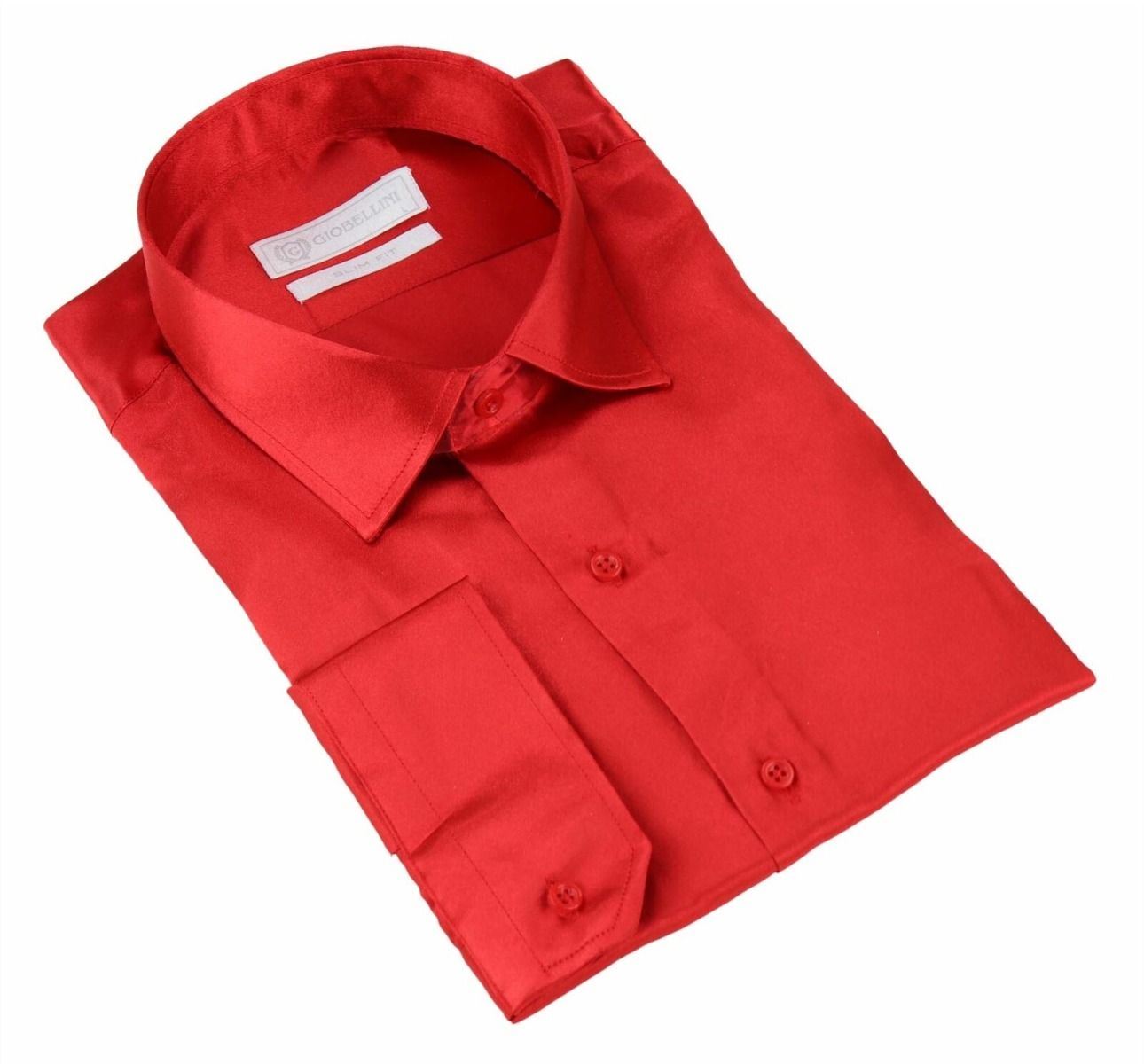 Mens Red Satin Silk Shirt Smart Casual Button Down Cuff Tailored Fit