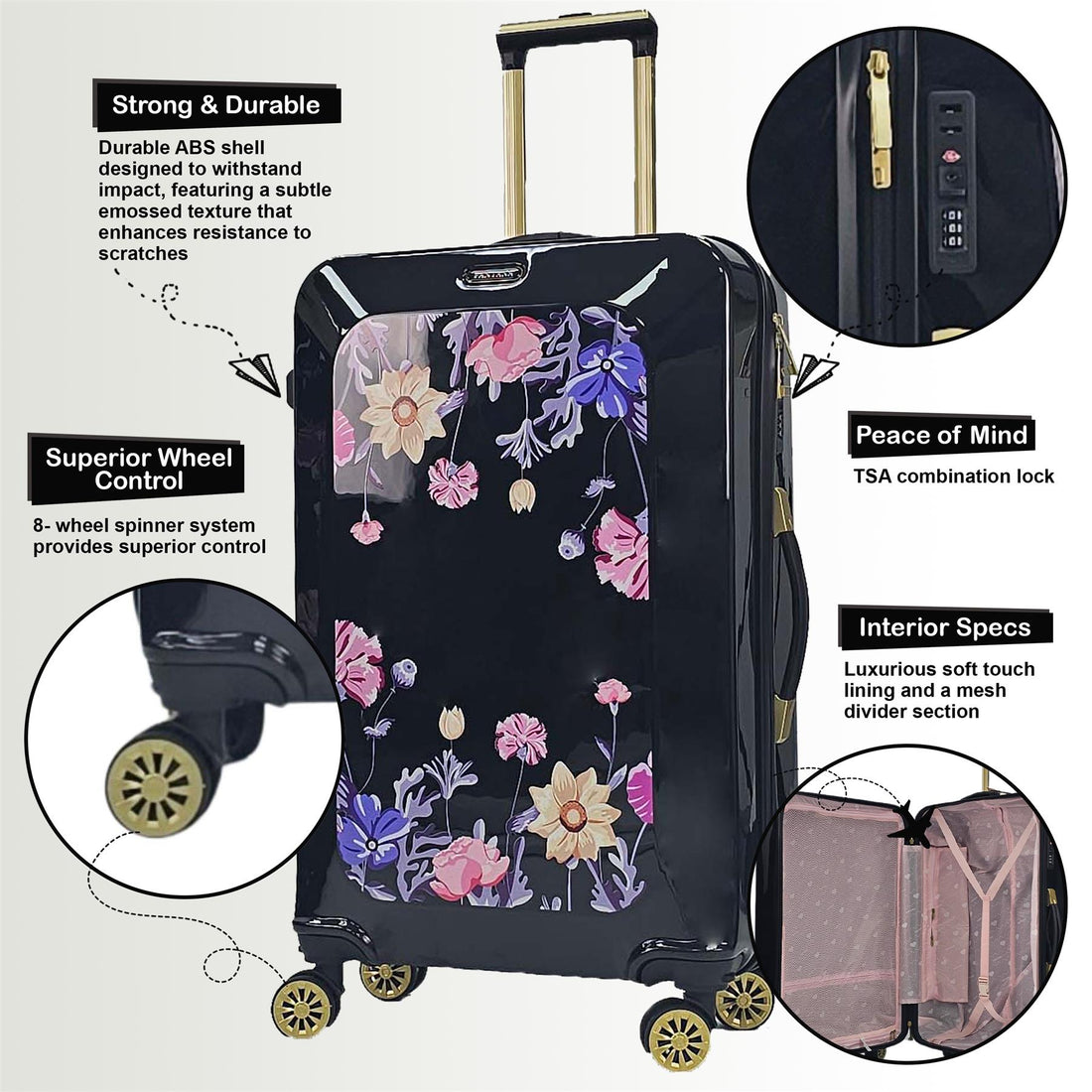 Hard Shell Cabin 4 Wheel Suitcase Flower Print Luggage