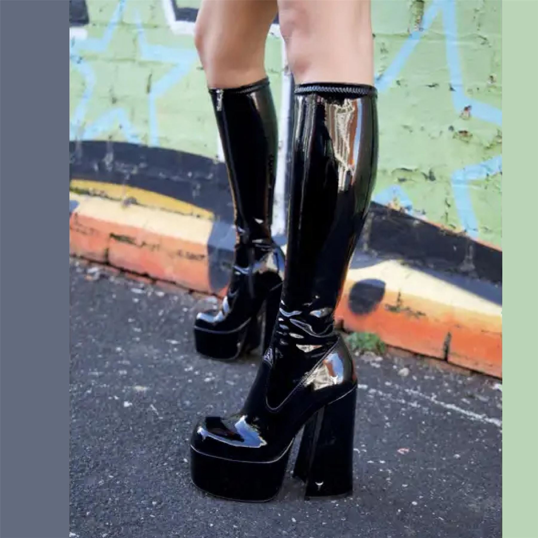 Windsorsmith Womens Black Knee-High Sock Platform Goth Heel Boots - Saucy