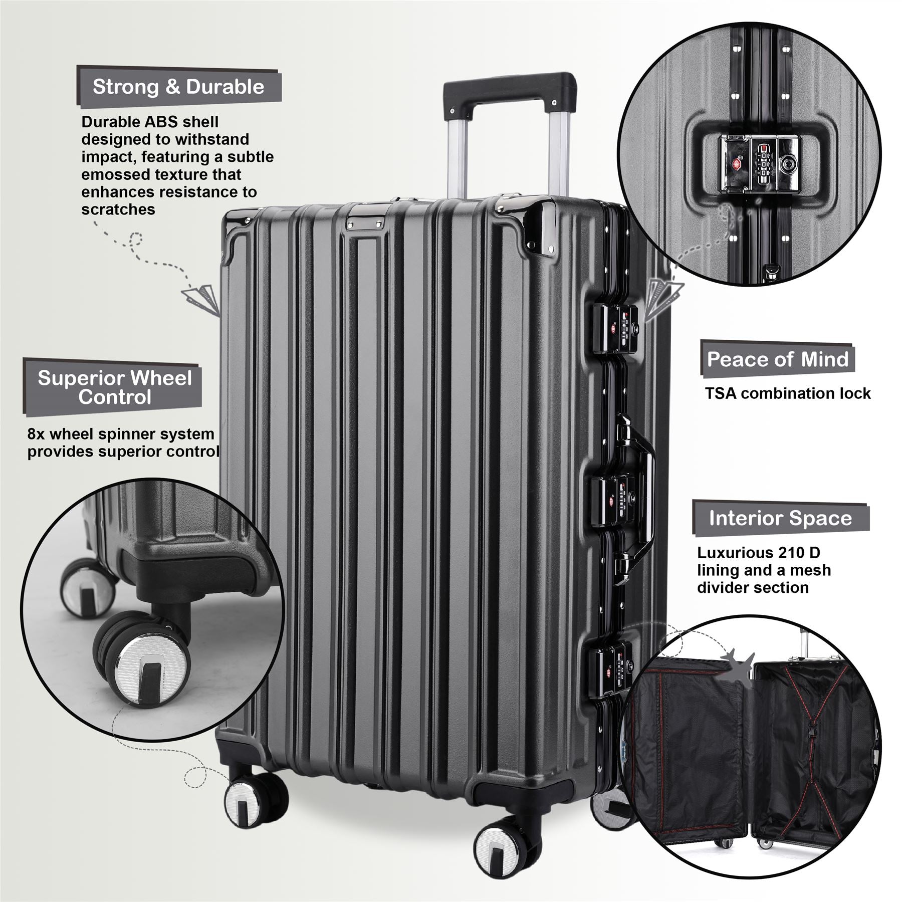 Hardshell Charcoal Black Suitcase Set Robust 8 Wheel Luggage Cabin Case Bag - IL-PC-ALLOY-CHAR