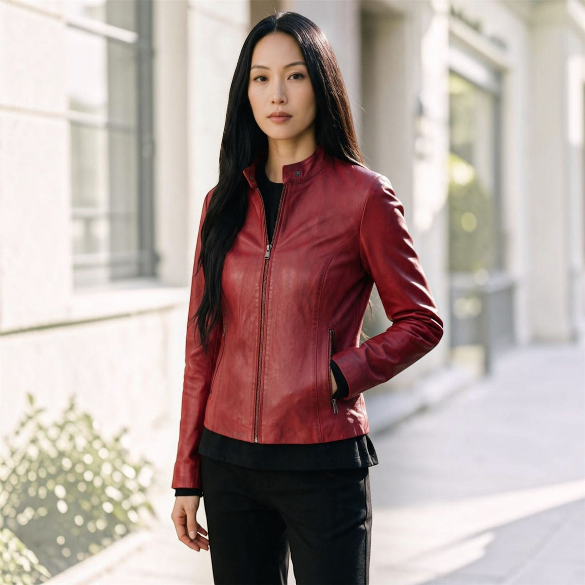 Womens Leather Stand Collar Racer Biker Jacket - 181