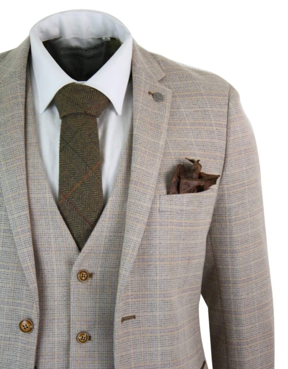 Mens 3 Piece Beige Tweed Check Vintage Retro Suit