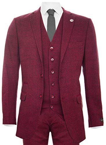 Mens 3 Piece Tweed Suit Wool Burgundy Black 1920s Authentic 1920s Blinders Suit Retro Classic