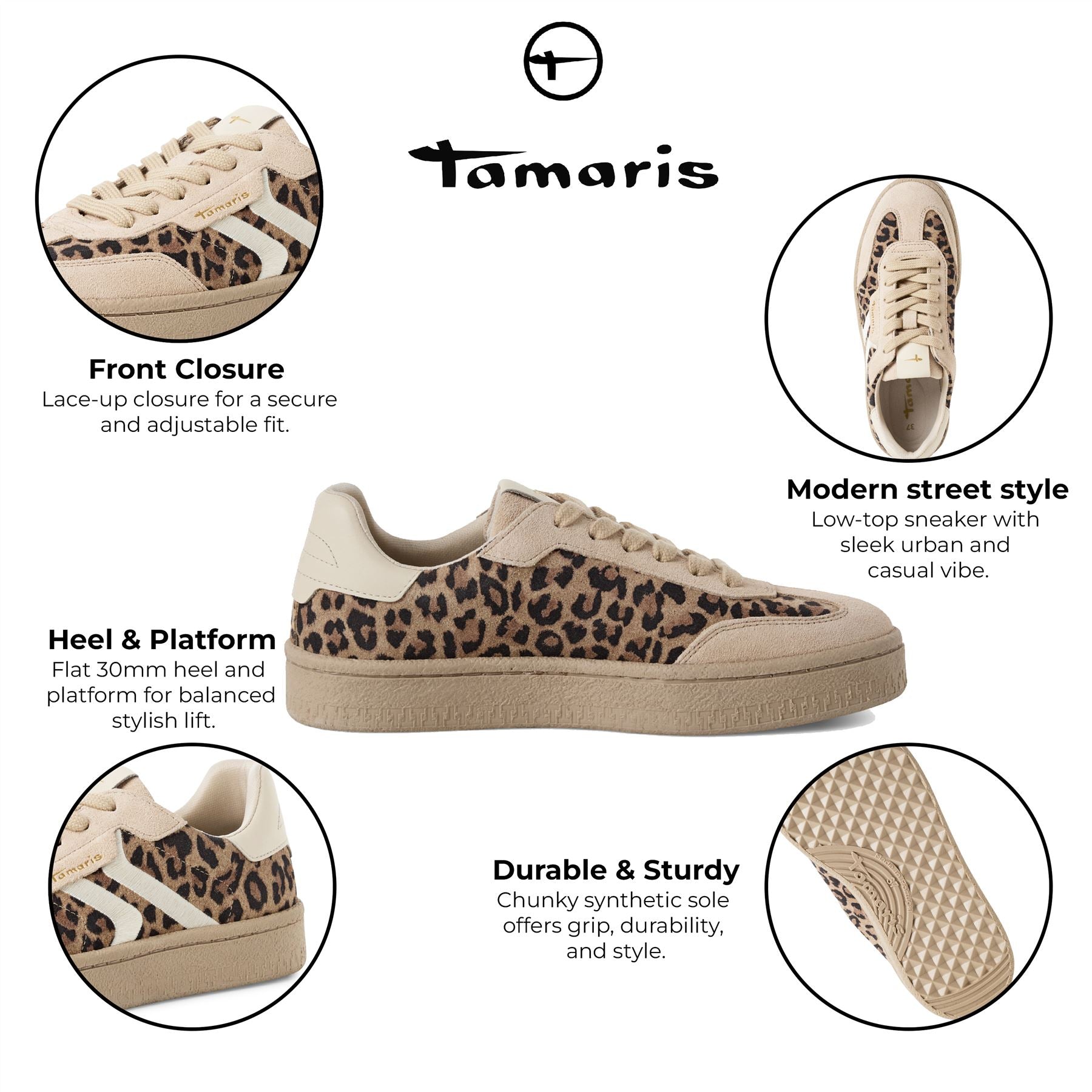 Tamaris Womens Leapord Brown Suede Leather Fashion Lace Up Sneakers