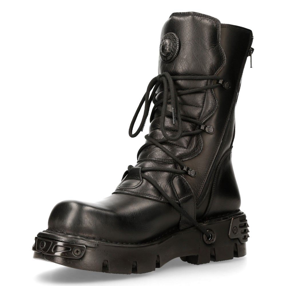 New Rock Black Leather Mid-Calf Boots-391-S18