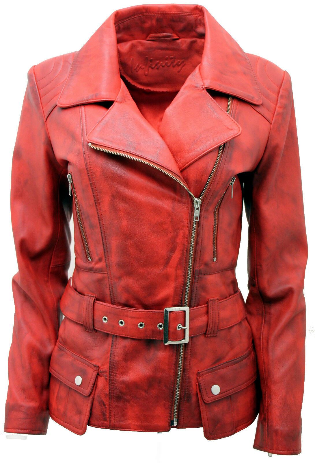 Womens Mid-length Leather Biker Jacket-Middlewich