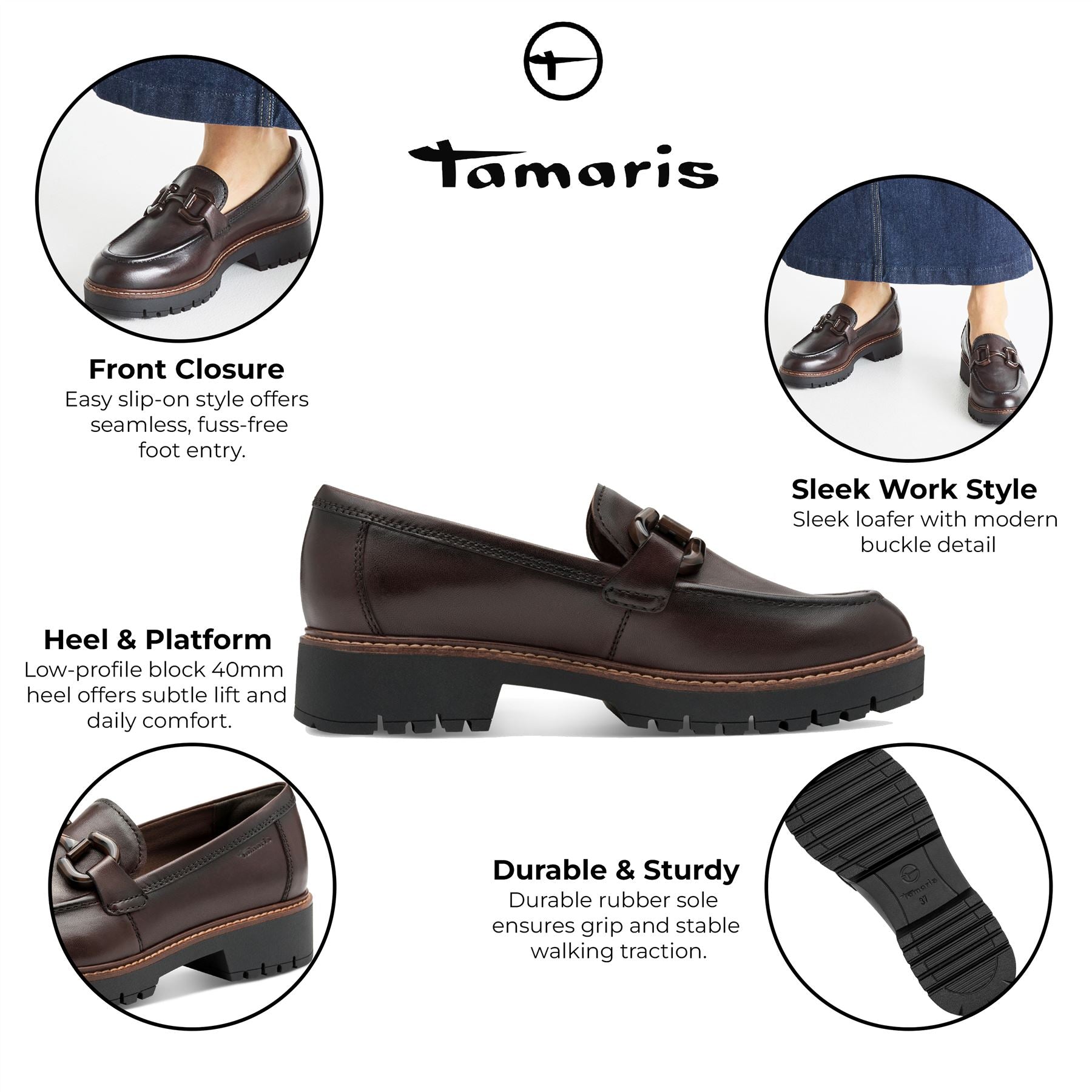 Tamaris Womens Mocca Brown Leather Loafers Slip-On Platform Shoes