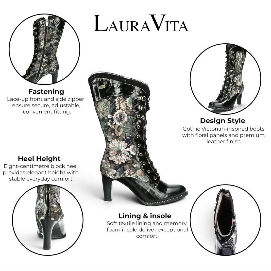 Laura Vita Floral Womens Goth Victorian Black Leather Heeled High Boots - Alcbane-351
