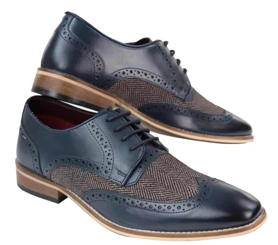 Mens Classic Oxford Navy Brogue Derby Shoes in Tan Leather - Upperclass Fashions 