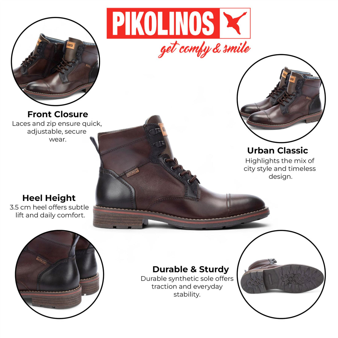 Pikolinos Men’s Olmo Brown Leather Zip & Lace Up Ankle Boots - York