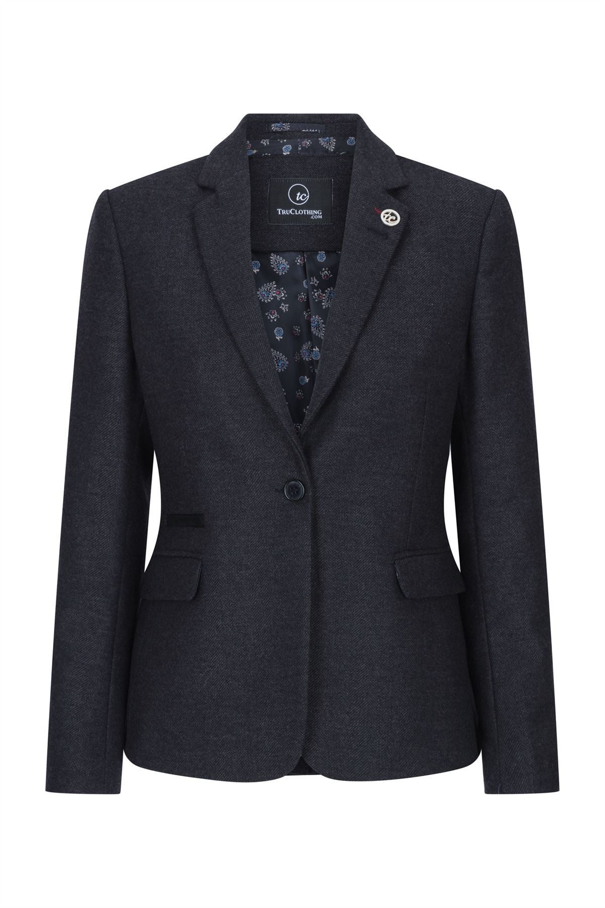 Womens Black Herringbone Check Tweed Blazer Waistcoat Wool 2 Piece Set