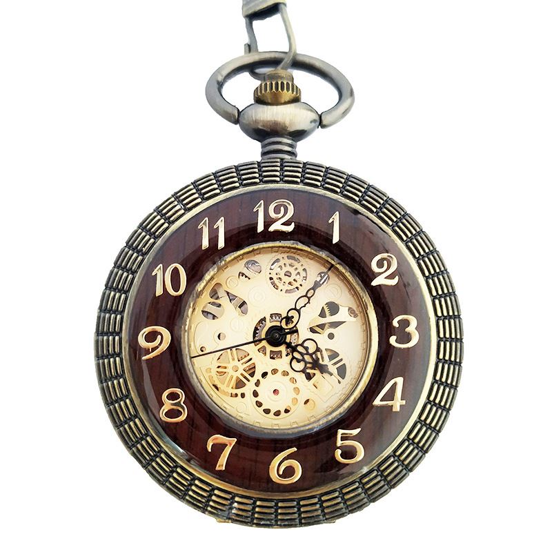 Antique Gold Wooden Half-Hunter Skeleton Alloy Pocket Watch