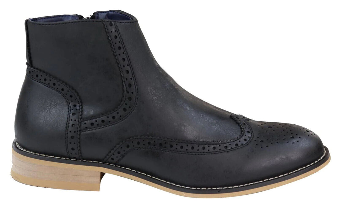 Mens Black Leather Brogue Zip Up Chelsea Boots - Upperclass Fashions 
