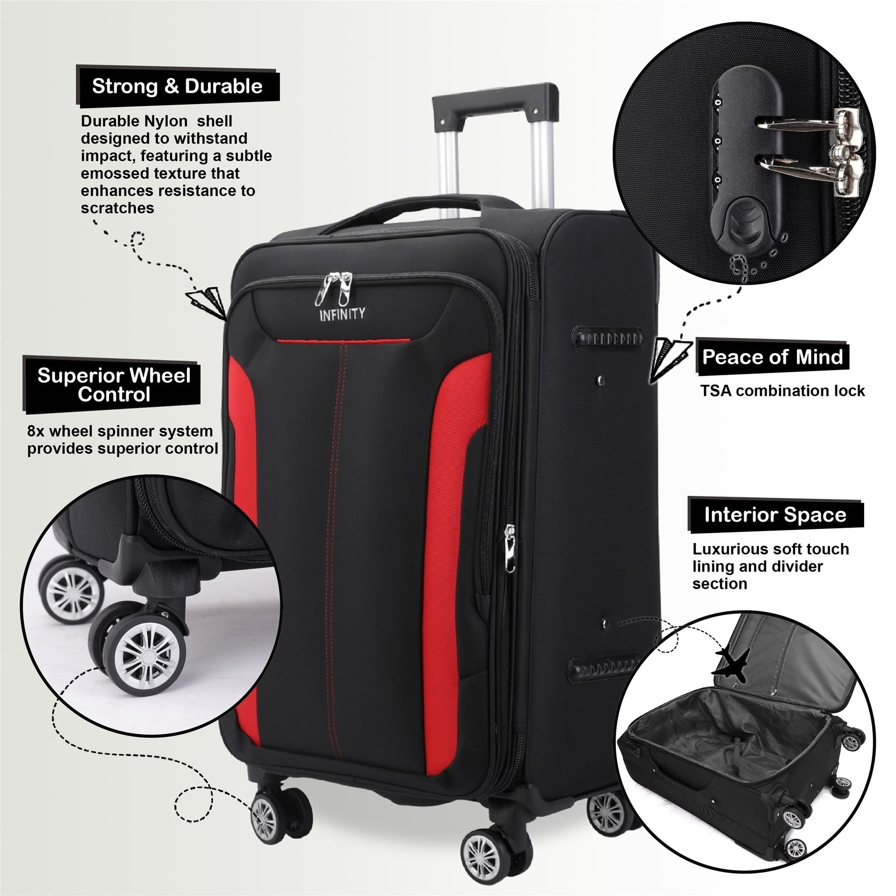 Black Expandable Soft Shell Suitcase 8 Wheel Luggage Set Travel Light Carry On Cabin Bag