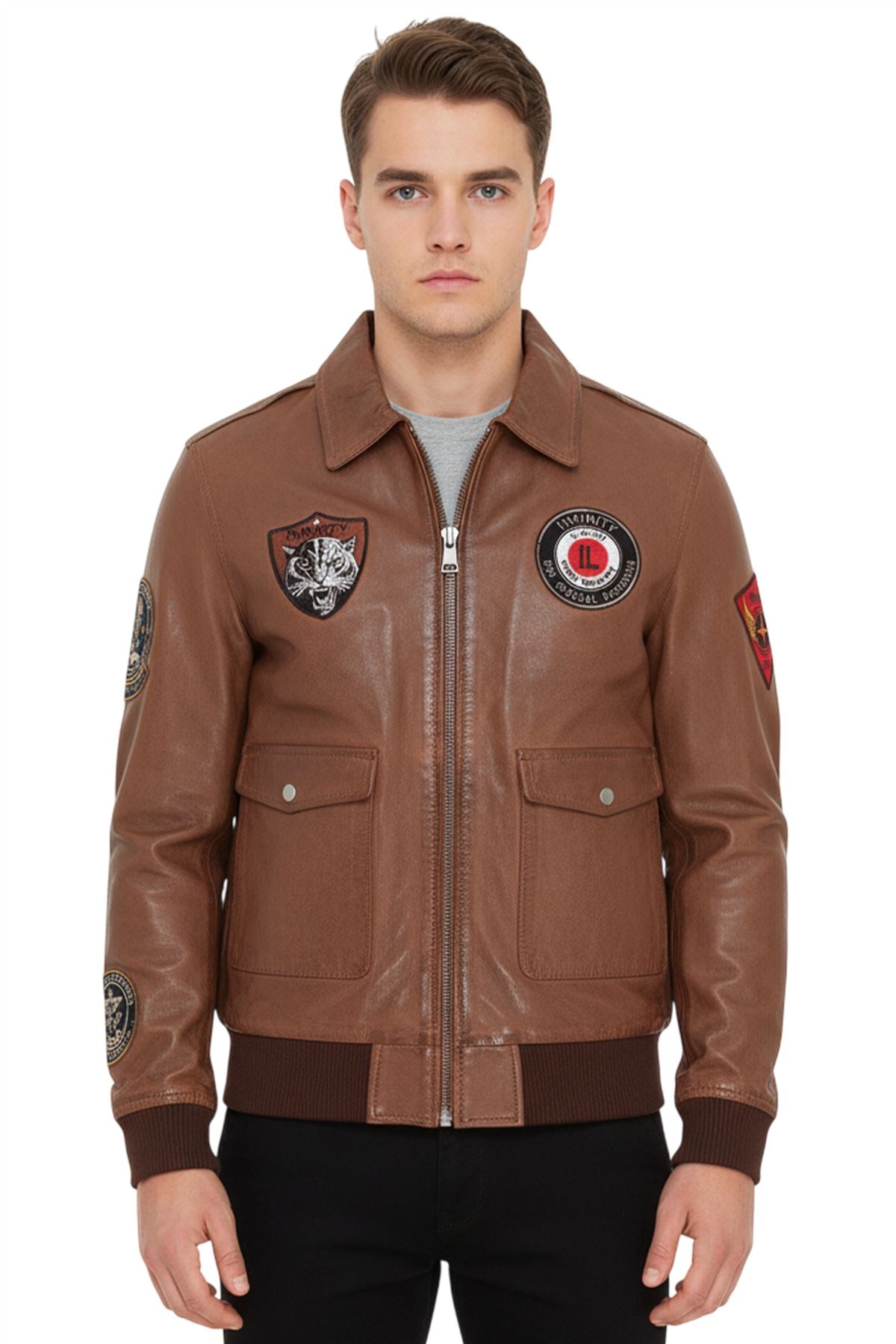 Men’s Leather Bomber G-1 Aviator Collar Jacket - Maverick