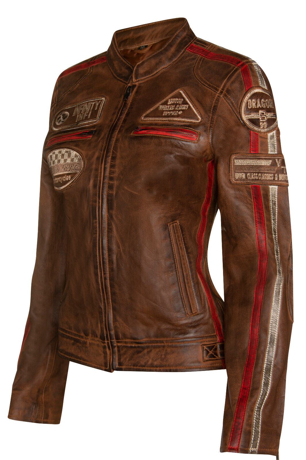 Womens Biker Racing Badges Leather Jacket-Eastleigh