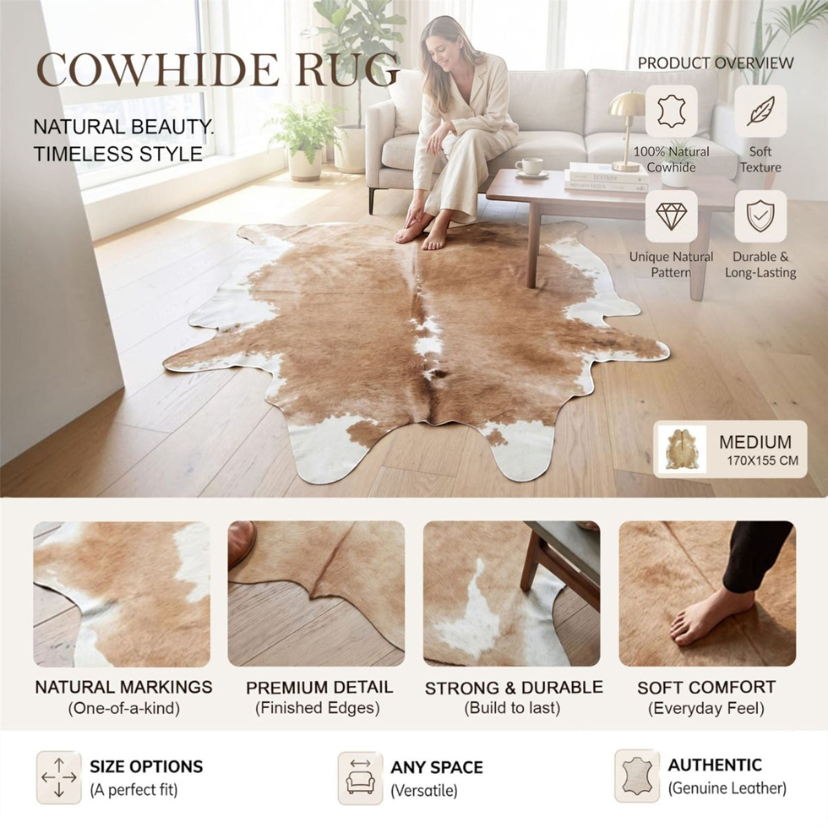 Natural Cow Leather Cowhide Hairon Rug - Hereford