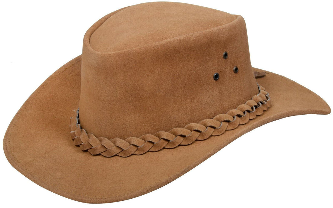 Australian Tan Western Style Cowboy Outback Real Suede Leather Aussie Bush Hat - Upperclass Fashions 