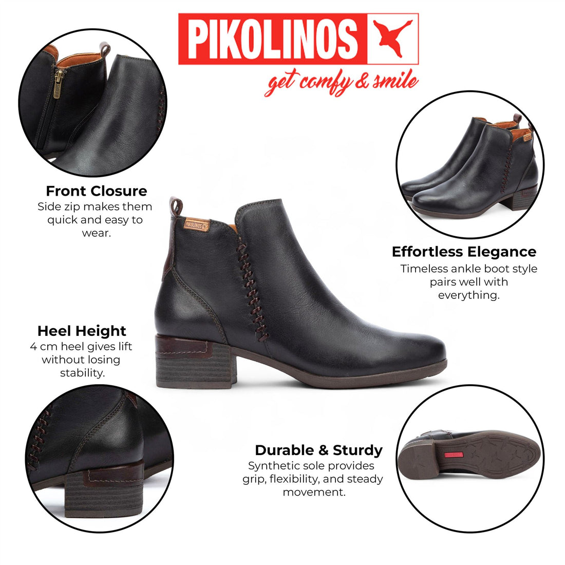 Pikolinos Women’s Black Leather Zip Heel Ankle Boots - Malaga