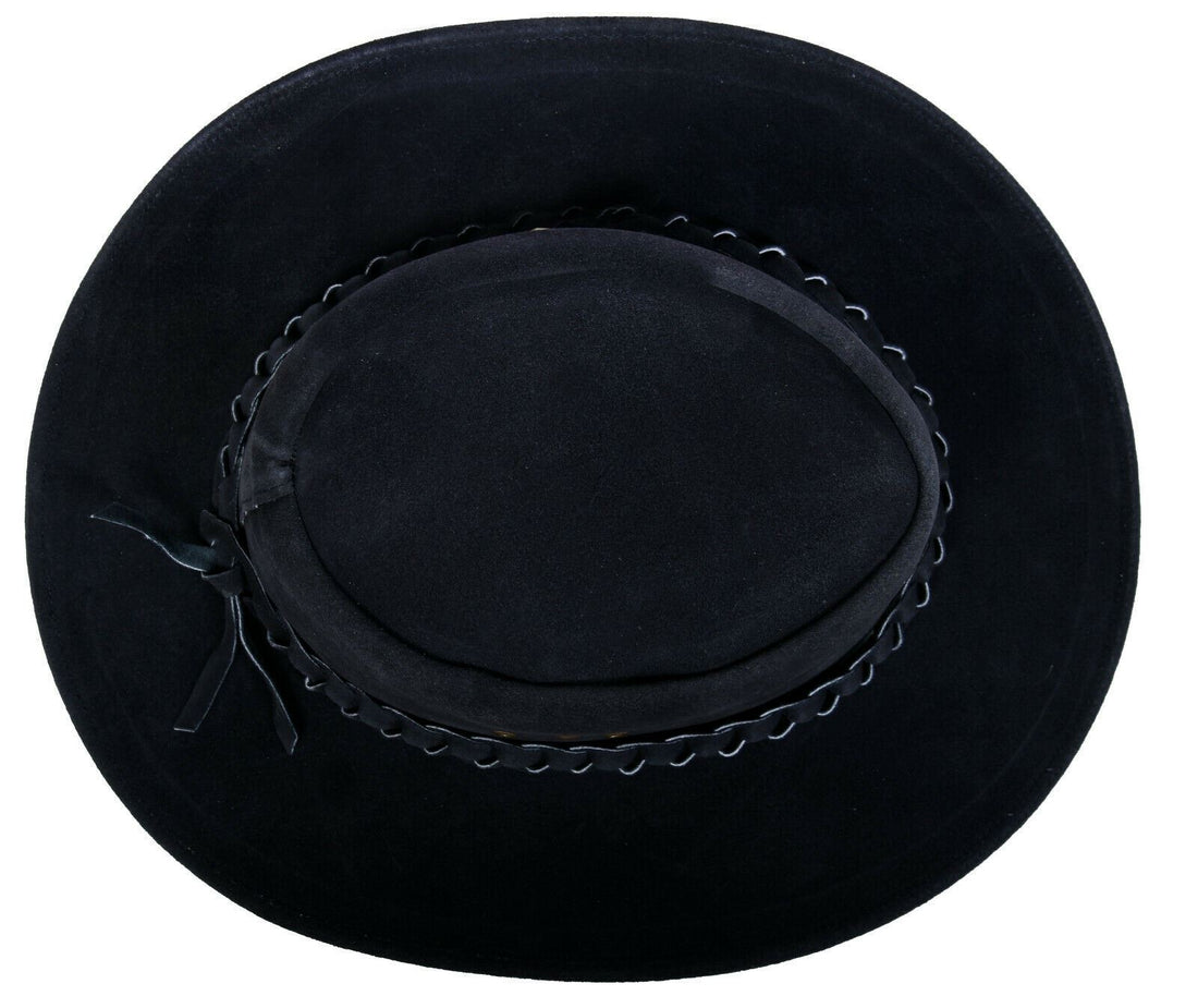 Australian Black Western Style Cowboy Outback Real Suede Leather Aussie Bush Hat - Upperclass Fashions 