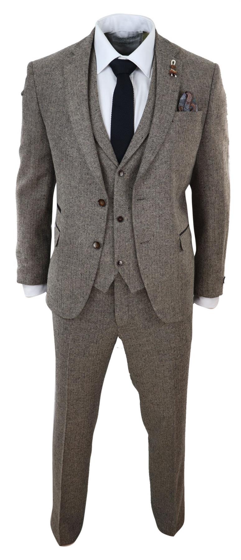 Mens Oak Brown 3 Piece Tweed Suit Vintage Harringbone 1920s Retro Peaky Blinders