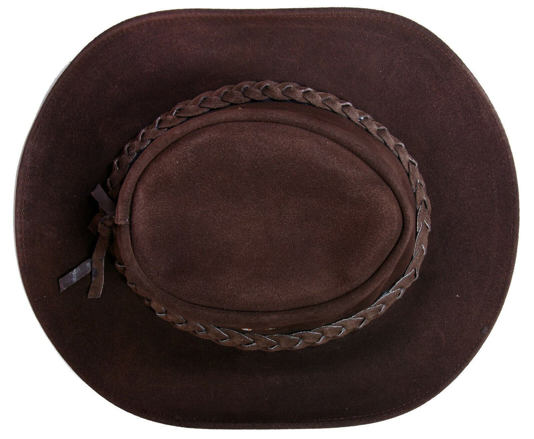 Australian Brown Western Style Cowboy Outback Real Suede Leather Aussie Bush Hat - Upperclass Fashions 