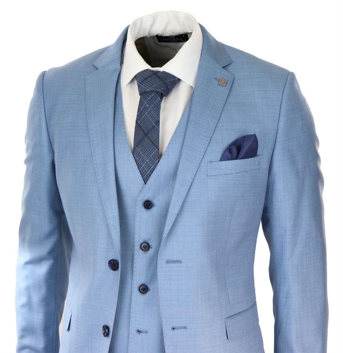 Mens 3 Piece Light Blue Classic Stitch Retro Suit