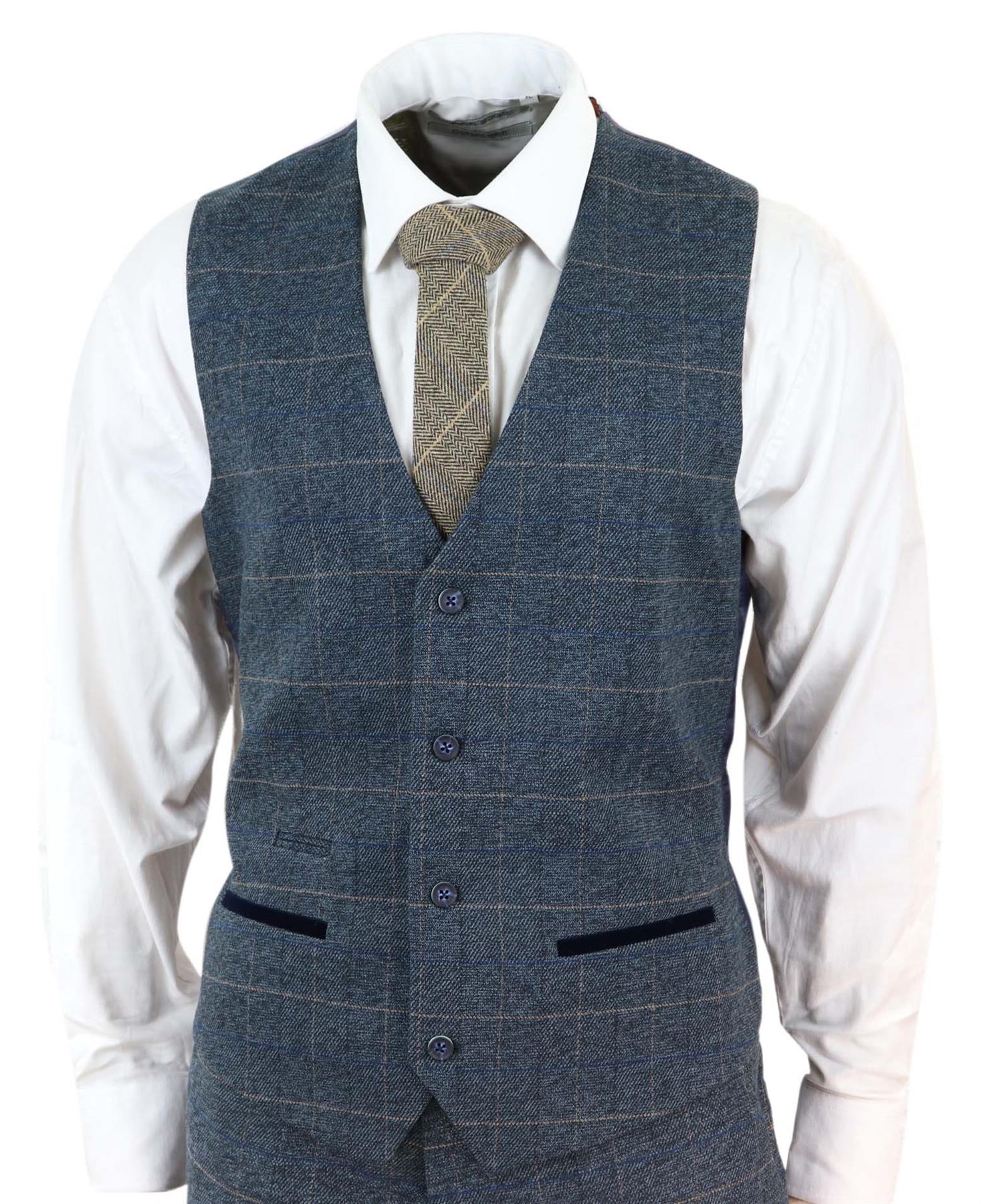 Mens 3 Piece Blue Tweed Check Vintage Suit
