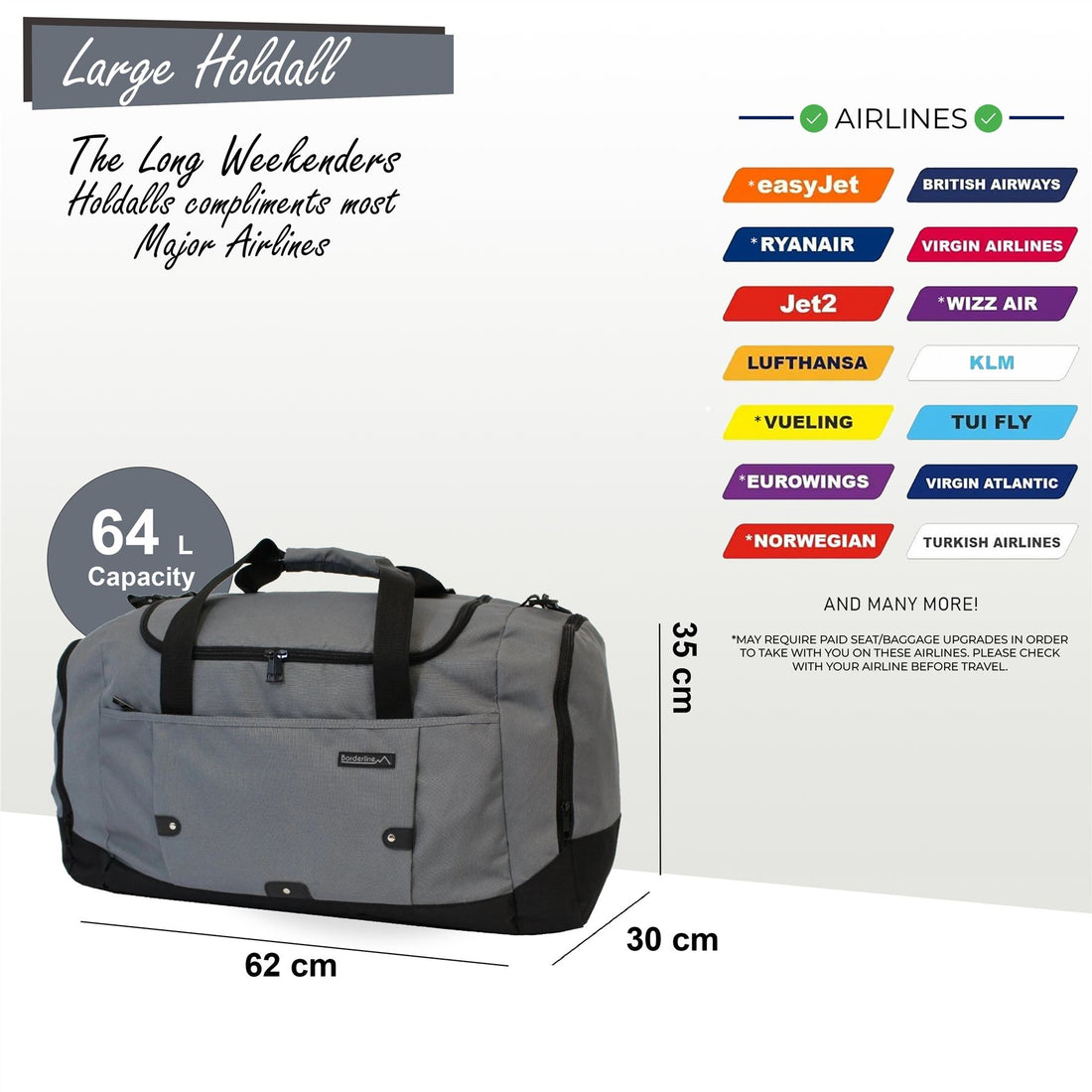 Extra Large Duffel Weekend Holdall Carry-On Cabin Bag Gym Sports Travel Bag Grey