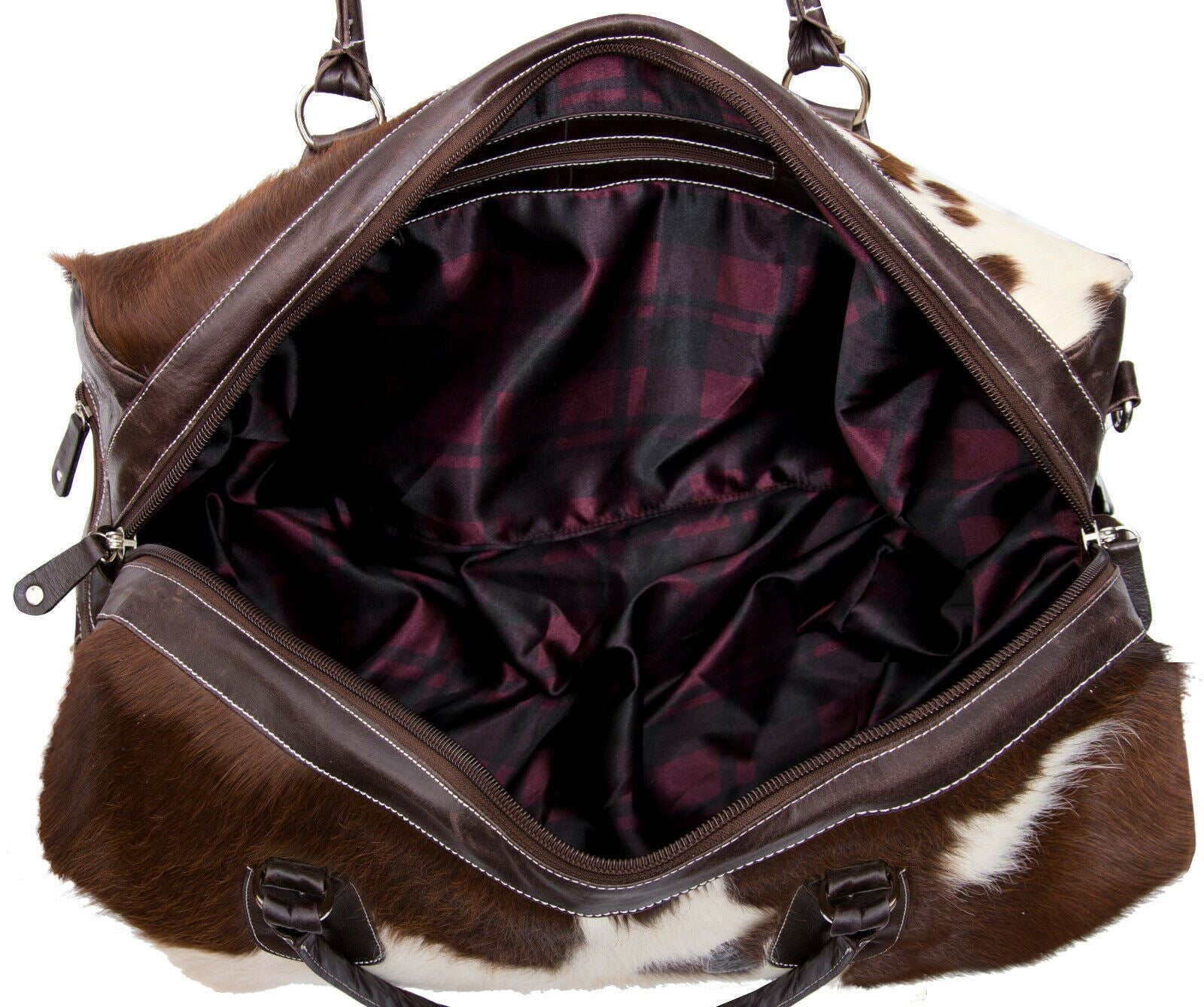Deluxe Leather Holdall Bag Genuine Cowhide & Cow Fur Weekend Duffel Travel