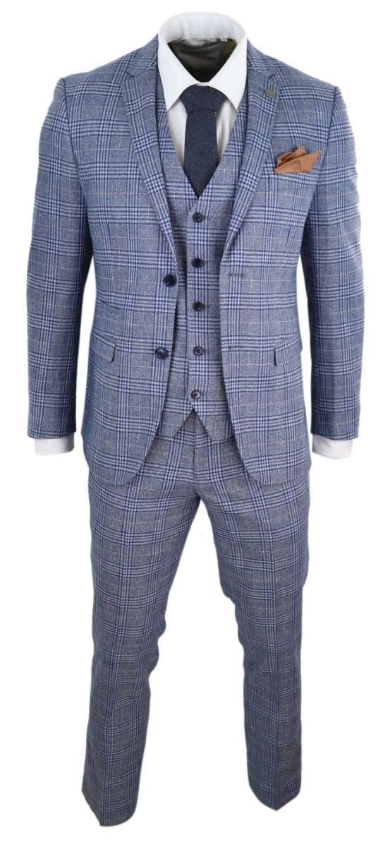 Mens 3 Piece Blue Grey Tweed Check Vintage Retro Suit
