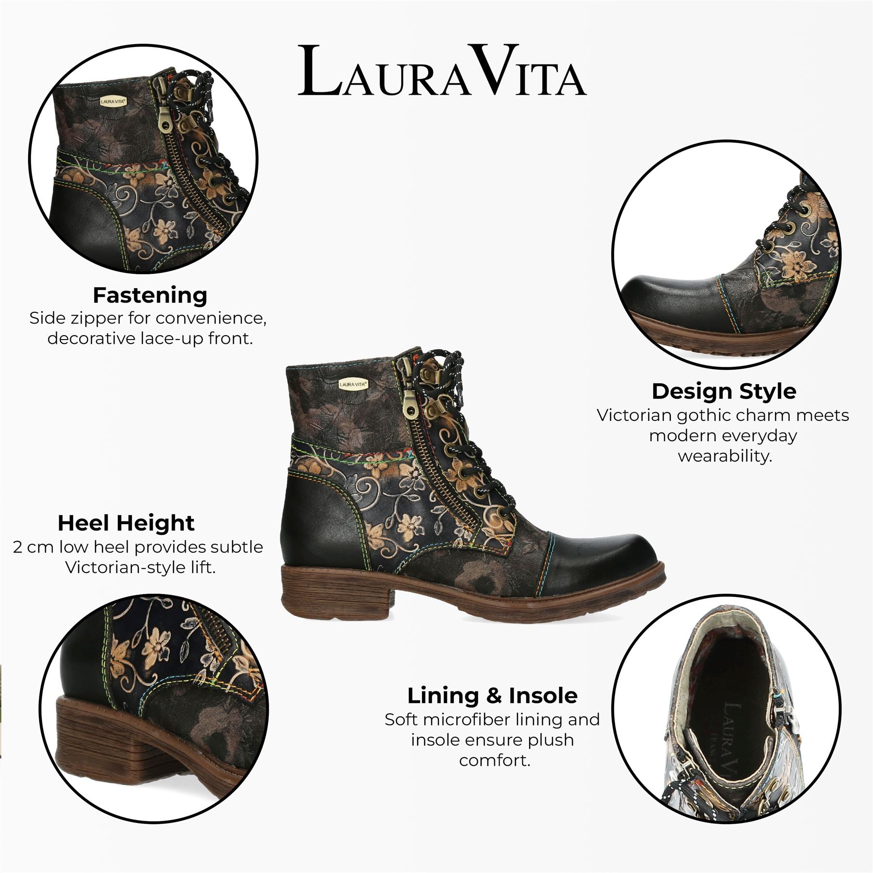 Laura Vita Anita 006 Black Floral Womens Gothic Victorian Leather Ankle Boots