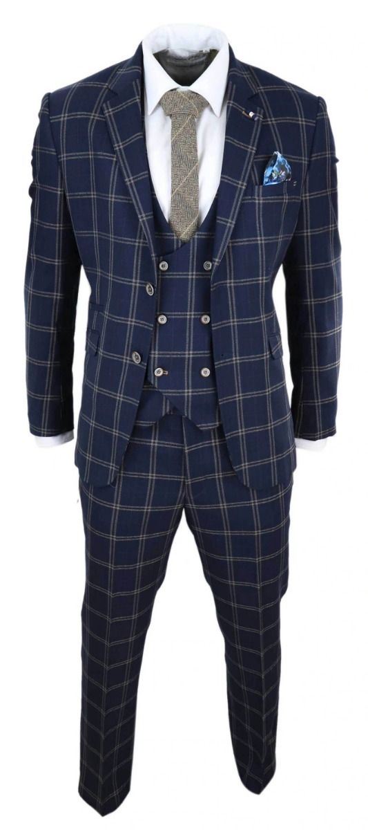 Mens 3 Piece Navy Blue And Tan Check Tweed Retro Classic Suit