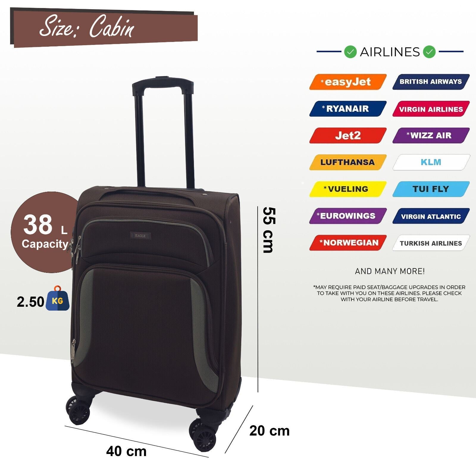 Soft Shell Cabin Suitcase 55 x 40 x 20 cm Lightweight Luggage Suitable for Easyjet, Ryanair