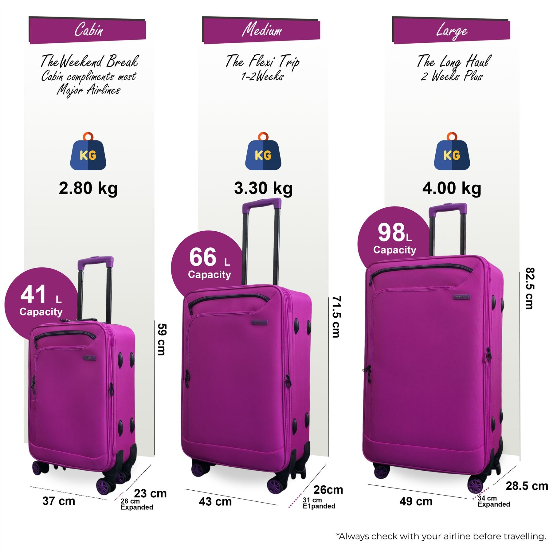 Handa Set of 3 Soft Shell Suitcase in Pink