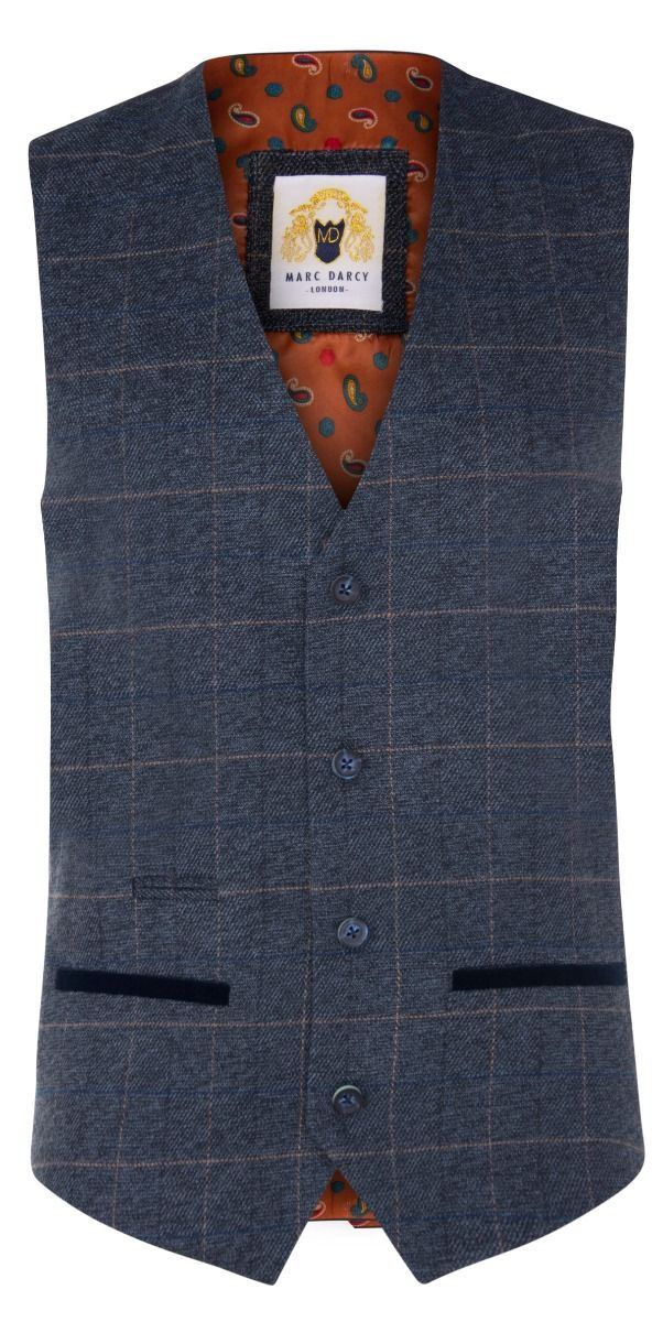 Marc Darcy Mens Blue Tweed Waistcoat Peaky Blinders Check Wool Herringbone - Upperclass Fashions 
