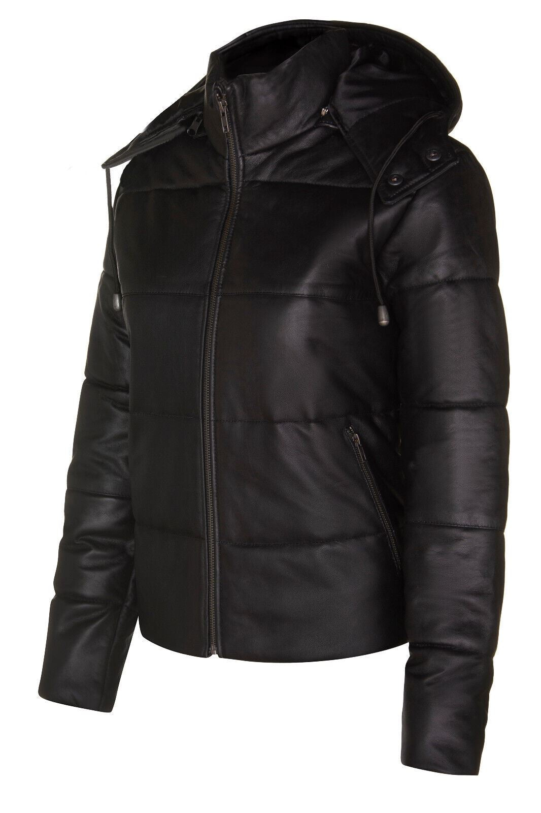 Womens Black Puffer Leather Bomber Jacket-Minehead